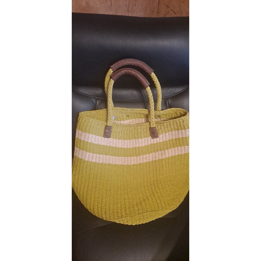 Gap Green & White Woven Straw Bag 16x14x13
